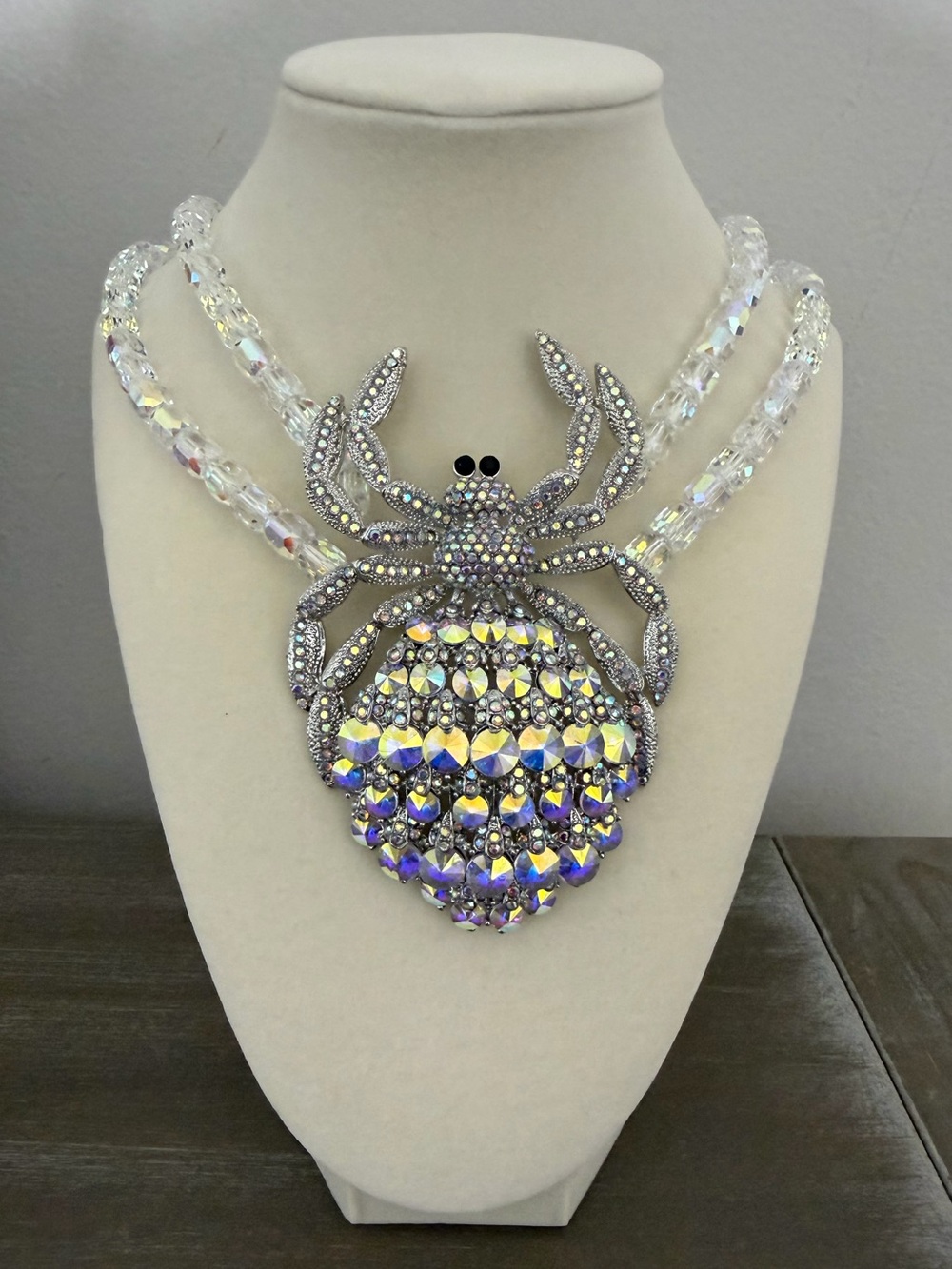 Eye Candy Iridescent Crystal Spider Statement Necklace Halloween